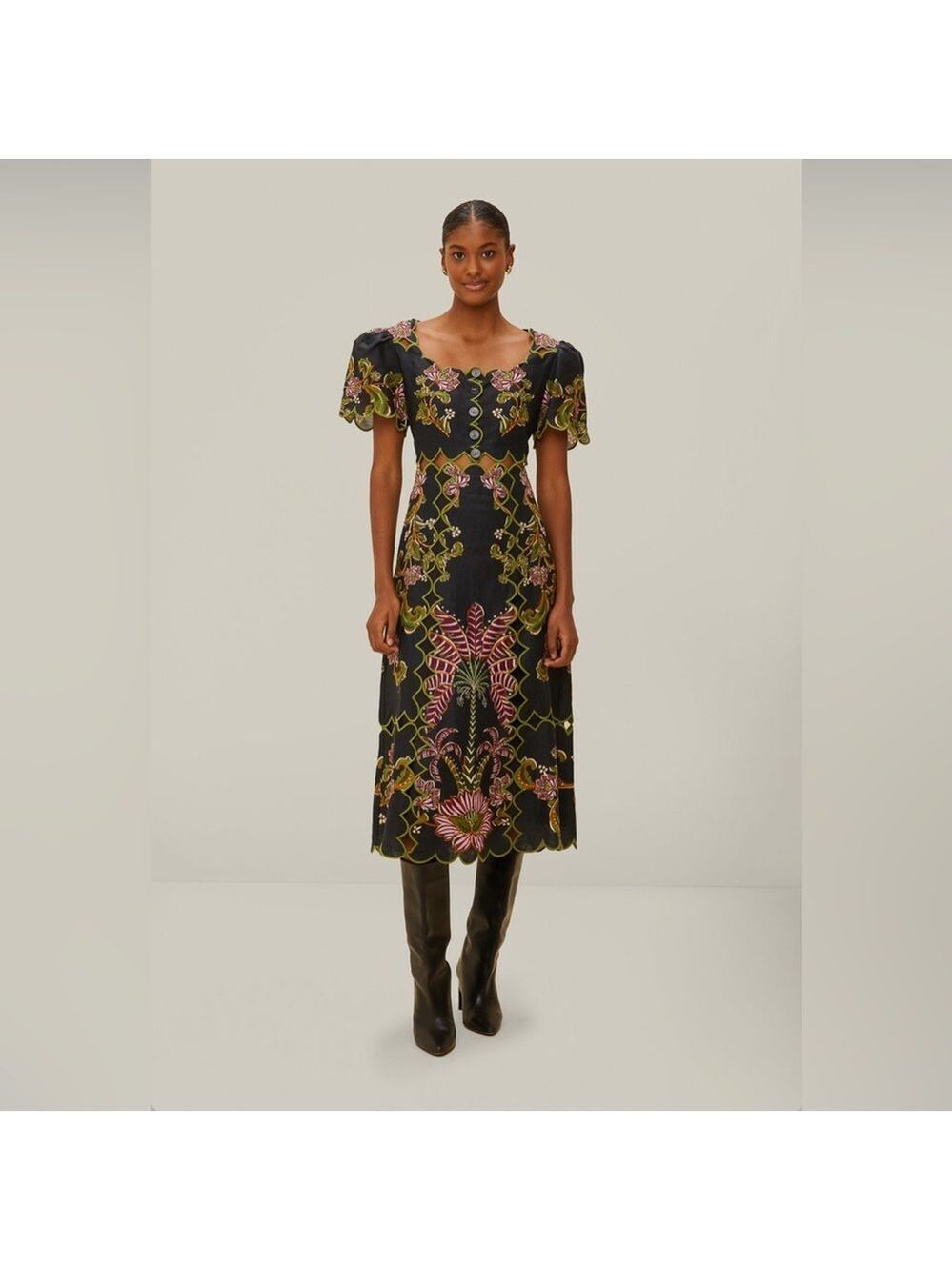 Farm Rio Black Ravenala Short Sleeve Maxi Dress